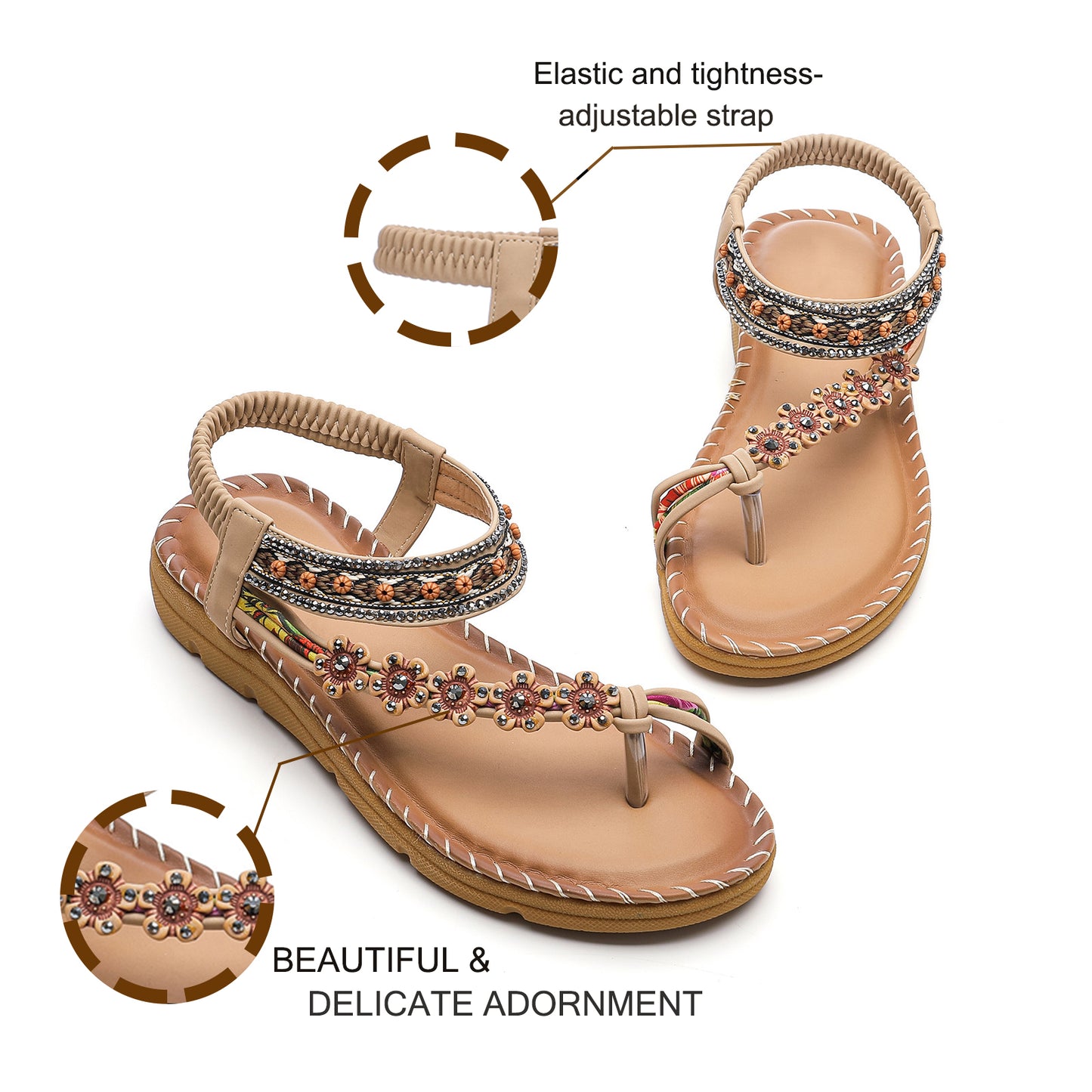 MEMON Womens Flats Sandals Bohemian Summer Elastic Ankle Strap Sandals Flip Flops Beach Shoes